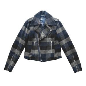 American Eagle Cropped Plaid Wool Moto Jacket